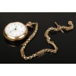 An Elgin gold plated pocket watch and yellow metal single Albert chain. With gilt embellished enamel