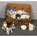 A box of miscellaneous mainly ceramics Sylvac dog figures, Royal Doulton 'The Coppice' Jug & bowl,