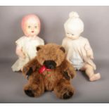 Two jointed dolls; one Kader, the other Sarold, along with a Harrods bear.
