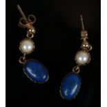 A pair of 9ct gold pearl and lapis lazuli drop earrings.