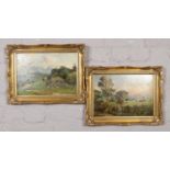 William Greaves (1852-1938), pair of small gilt framed oils on board, Moorland landscapes with