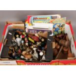 A box of collectables, to include wooden gavels, alcohol miniatures, 1980s football programmes etc.