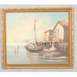 Oil on board framed boat scene