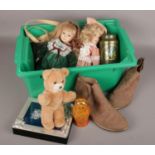 A box of miscellaneous to include, Steiff bear, bisque head dolls etc.