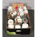 A box of miscellaneous to include cottage rose ceramics, cut glassware, walker & hall metalwares,