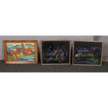 A collection of paintings on material, night time scene to include a framed print