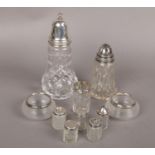 A box of silver mounted items to include sugar casters, silver rim glass jars etc.