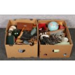 Two boxes of miscellaneous to include miniature backgammon board, oriental lamp, wooden items,