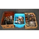 Three boxes of mainly metalwares, to include copper kettle, cutlery, silverplate etc.