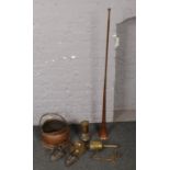 A collection of metalwares to include brass miners lamp, coal bucket, chamber candlesticks, copper