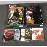 Two boxes of miscellaneous, to include photographic, motorcycle books, H-264 DVR etc.