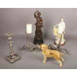 A collection of miscellaneous, silver plated candlestick, aluminium figurine candlesticks,