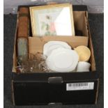 A box of miscellaneous to include cast iron hobbing feet, glassware, ceramics etc.