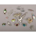 A tray of mainly costume jewellery brooches including white metal Art Nouveau maiden, Art Deco white