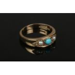 A 9ct gold pearl and turquoise ring in a boat shaped setting. Size L.