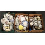 Three boxes of assorted pottery and china tea and dinnerwares including Crown Ducal, Foley China and