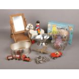 A box of collectables, to include wooden table mirror, Tonka, Dinky, wooden toys etc.