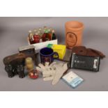 A box of collectables, to include alcohol miniatures, opera glasses, Kodak camera etc.