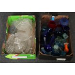 Two boxes of glass wares, cut crystal cake stand, bowls, vases, plates, drinking glasses etc