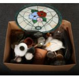 A box of miscellaneous including a Tiffany style lampshade, terracotta wine cooler and other