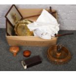 A box of miscellaneous, wooden nut bowl, toadstool and trinket, The Singer Manufacturing Company