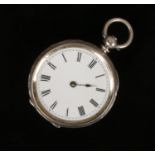 A Victorian silver cased fob watch with enamel dial. Assayed Birmingham 1887, 40mm wide. Crystal