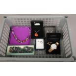 A box of costume jewellery, beads, necklaces to include Limit Men's Quartz wristwatch etc
