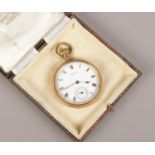 A Waltham Traveller pocket watch in rolled gold case. With enamel dial, subsidiary seconds and in