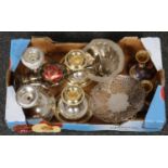 A small box of metalwares including silver plated dwarf candlesticks and Indian brassware etc.