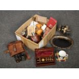 A box of miscellaneous, to include binoculars, lacquered dish, model of a ship etc.