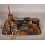 A tray of mixed metalwares including a Victorian spit jack, shoe lasts and a vintage car horn.