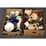 Two boxes of miscellaneous mainly ceramic vases, bowls, table lamp, brass light fitting with