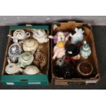Two boxes of ceramic teapots, Staffordshire Mad hatter, Avon scene Palissy, Gibson's examples