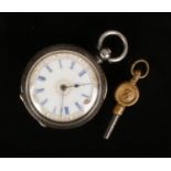 A 19th century Continental silver cased fob watch. With engraved caseback and enameled dial. Along