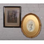 A framed Cries of London engraving, Milk Below Maids, along with a gilt frame picture of a maiden.