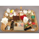 A tray of collectables including pomanders, pocket knifes, perfume atomisers and lighters etc.