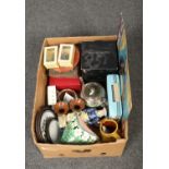 A box of miscellaneous, to include Chad Valley Moon Race, Gibsons teaset, slide ruler, Maling wall
