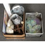 Two boxes of miscellaneous including glass wares, tablelamps, metal kitchen scales and a Alba