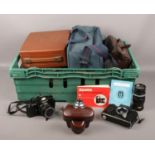 A box of camera's and equipment, Yashica FX-3 camera, Vuighander Vito BL camera, Zenith E. F2 (
