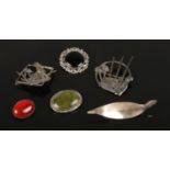 Six silver brooches. Including two South African Candida examples and hardstone set etc./