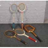 Five vintage rackets, to include Gunn & Moore, Wisden, Dunlop etc.