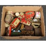 A box of vintage advertising tins including William Crawford & Sons, Moss Rimmington & Co.