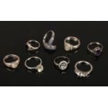 Eight silver dress rings including moonstone, jet and amethyst etc.