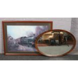 A large framed John Breckon railway print, along with an oval mahogany framed bevel edge wall