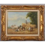 R. Buckley (English 20th century) gilt framed oil on board. Hay making scene with horses and cart