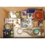 A box of costume jewellery and collectables. Including leather stud box, Pava shell jewellery, Young