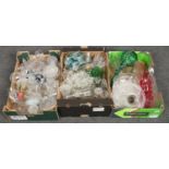 Three boxes of coloured and clear glass, to include decanters, vases, drinking glasses etc.