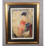 A Janet Treby, limited edition large gilt framed lithograph print of a maiden, titled 'Blue chair'