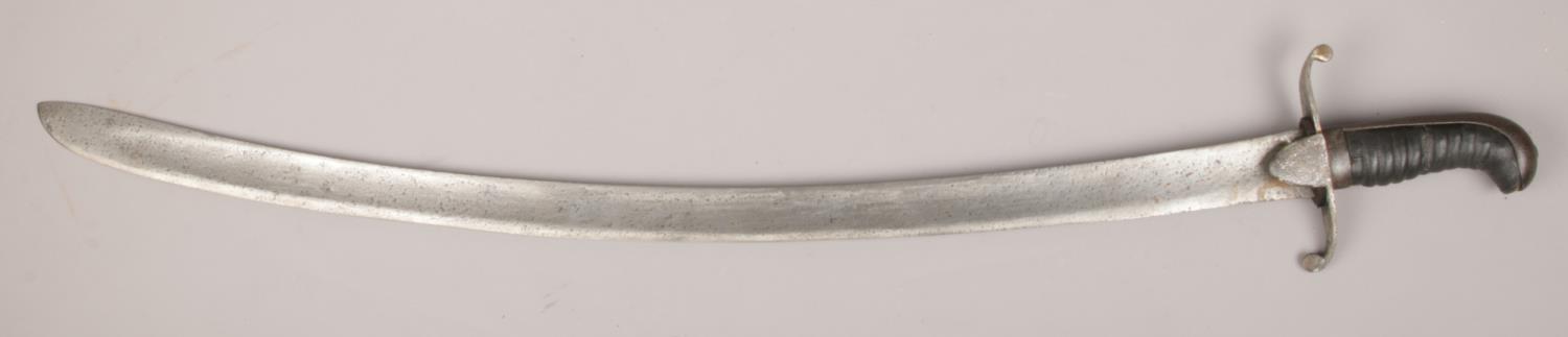 An early 19th century British sabre with scrolling cross guard and leather mounted grip. Blade 73cm.