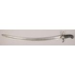 An early 19th century British sabre with scrolling cross guard and leather mounted grip. Blade 73cm.